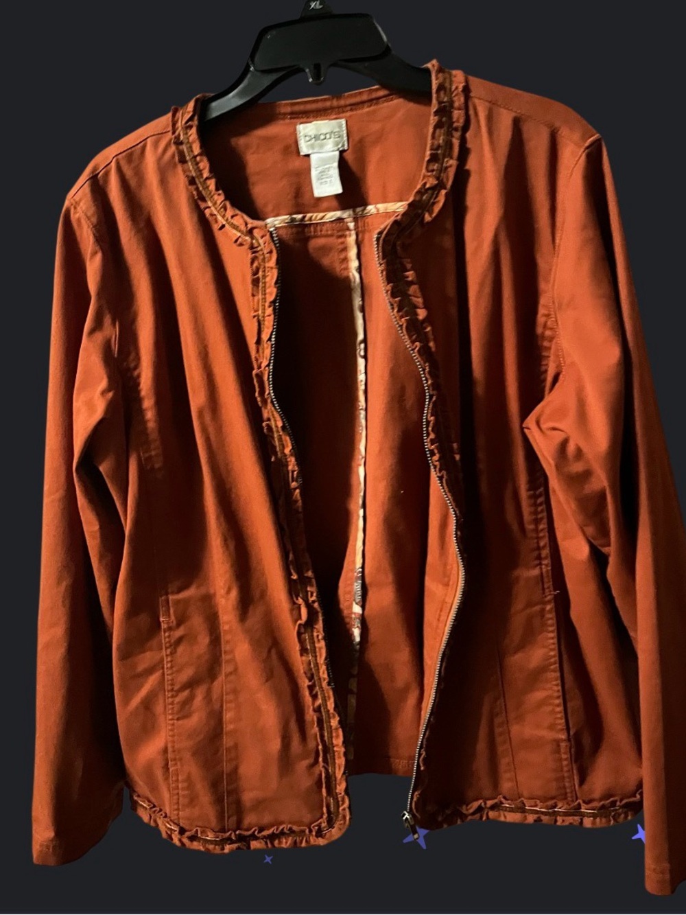 Chico's Rust Orange Ruffled-Trim Collarless Jacket - Picture 2 of 4